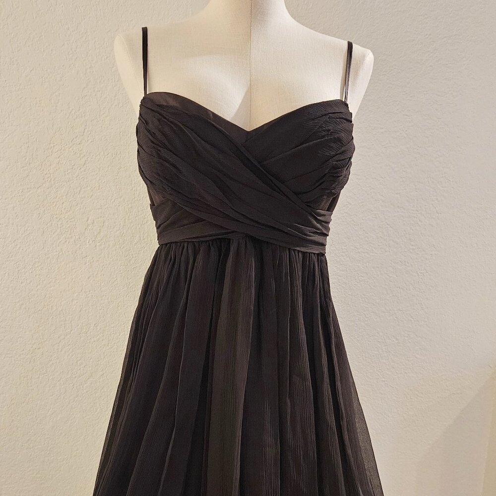 Maggy London Chocolate Brown Silk Spaghetti Strap Flair Cocktail Party Dress S8